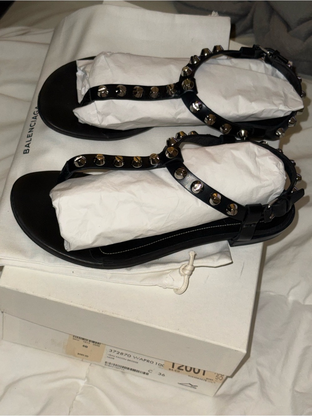 Balenciaga Black Studded T-Strap Sandals with Gold-Tone Studs